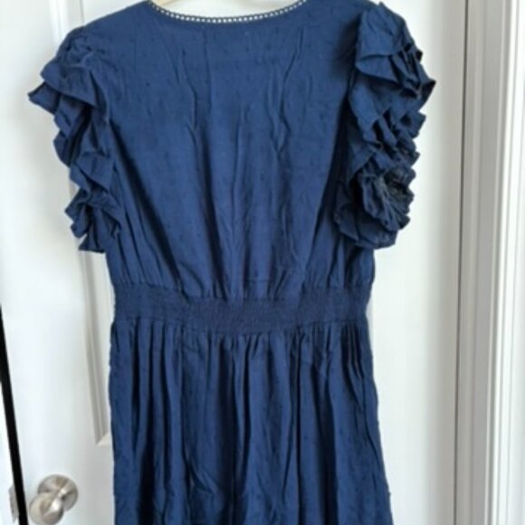 Rockin' C Women's Navy Swiss Dot V-Neck Short Flutter Sleeve Dress - Picture 3 of 4